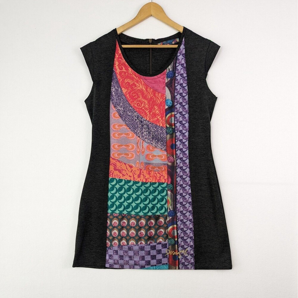Desigual Womens XL Art To Wear Retro Boho Gray Grey Cap Sleeve Mini Dress